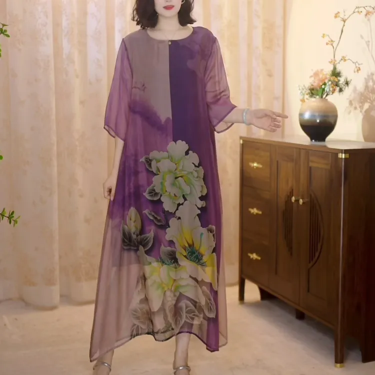 【630】桑蚕丝连衣裙女装2025夏季新款时尚气质中长款显瘦印花裙子