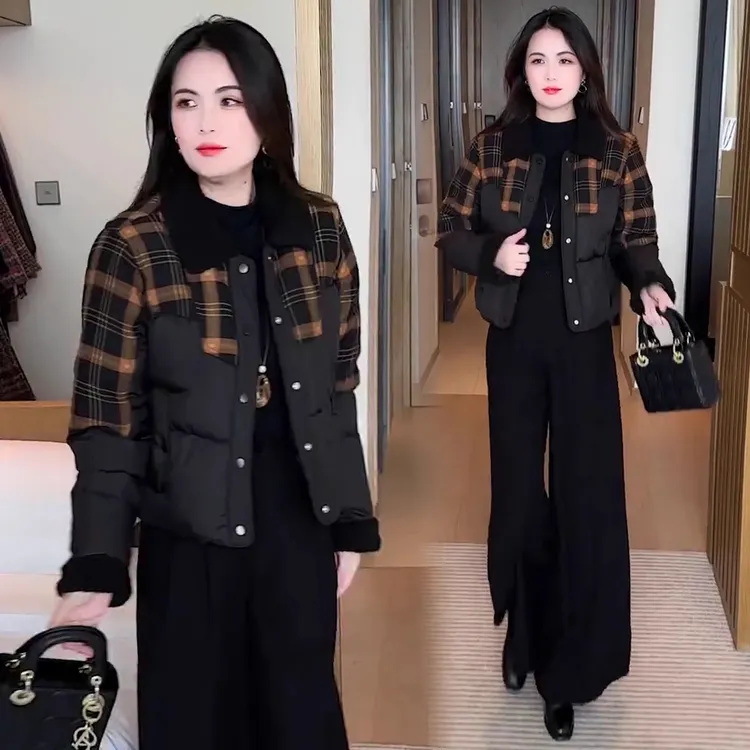 时尚格子拼接棉服女2025冬季新款休闲宽松显瘦小个子百搭棉衣外套