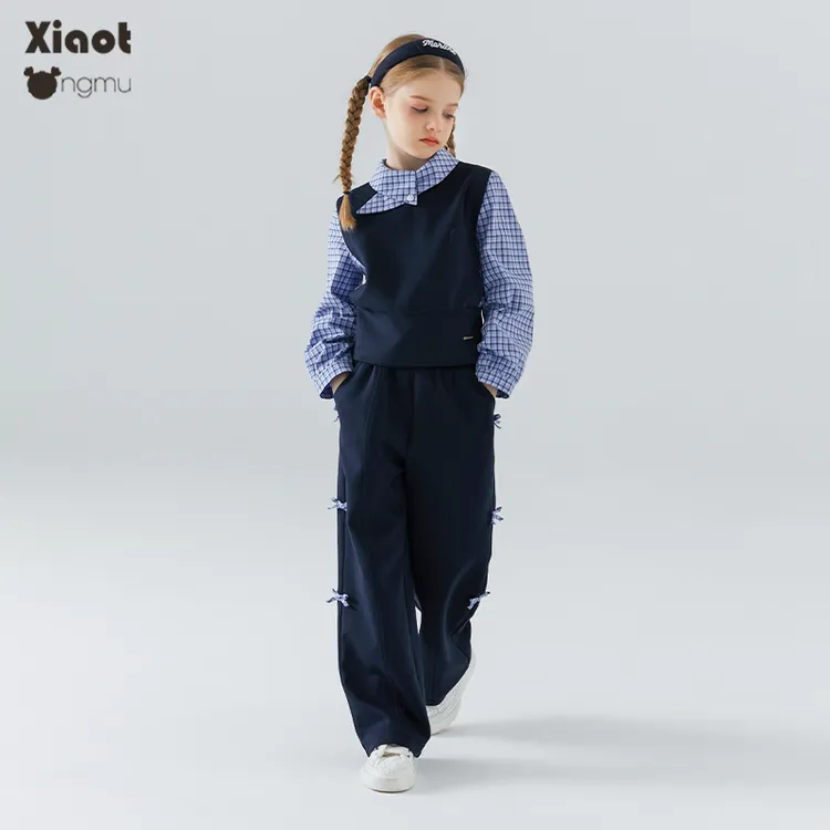 小童木 学院藏青女童运动套装秋季新款格纹假两件上衣长裤两件套