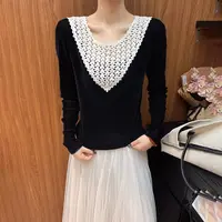 复古V领丝绒打底上衣钩花拼接长袖t恤上衣女5339-25650