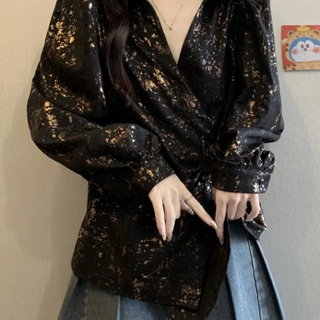 大码女装遮肚子印花独特不规则长袖衬衫女胖MM高级收腰衬衣上衣女