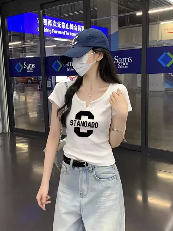 韩系气质修身显瘦时尚百搭上衣白色V领短袖T恤女春季显瘦t恤chic 