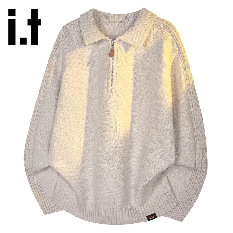 it:CHOCOOLATE米白色翻领半拉链针织毛衣2025秋冬男士新款上衣潮