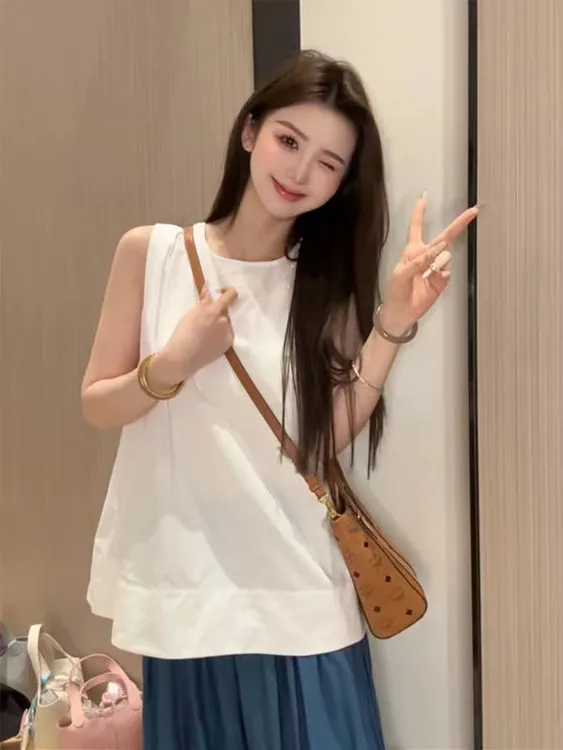 78112夏季新款时尚百搭圆领露背无袖衬衫背心女休闲外穿上衣