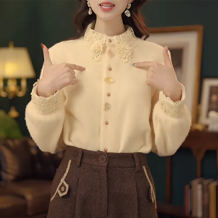 温柔拼接圆领单排扣针织衫女冬季新款韩版宽松显瘦休闲减龄上衣潮