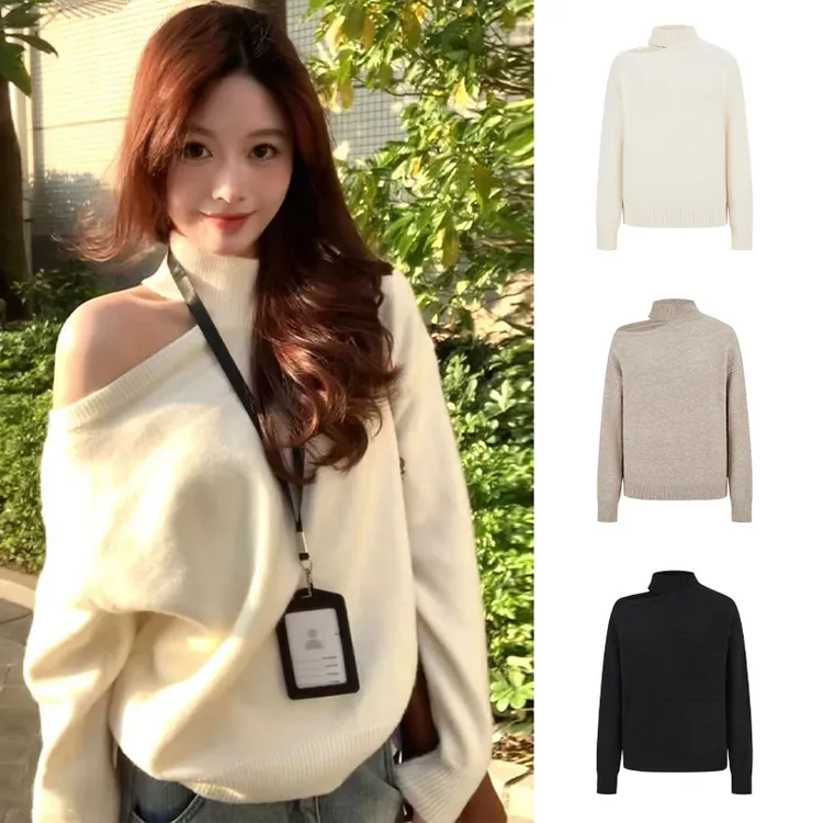 Moses Queen/魔西女王韩系挂脖露肩针织打底毛衣宽松显瘦百搭上衣