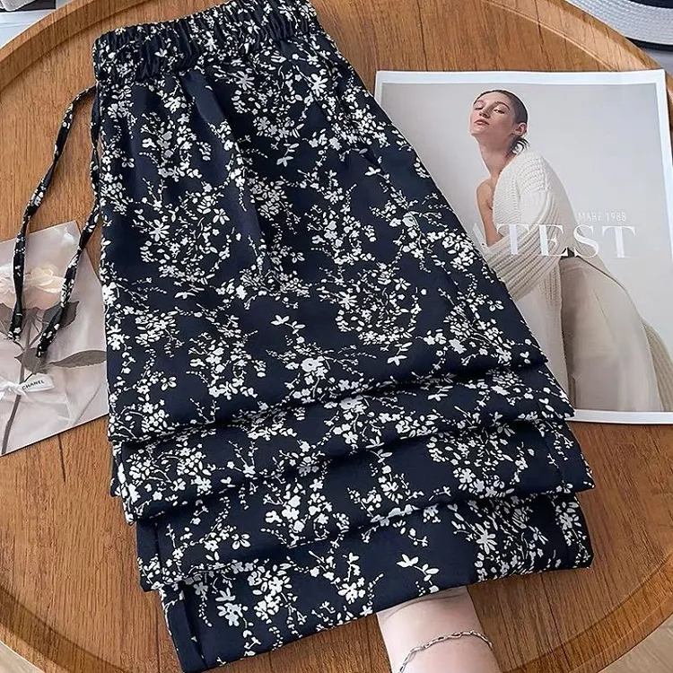 夏季薄款时尚雪纺印花阔腿裤女2025新款高腰百搭垂坠感凉凉直筒裤