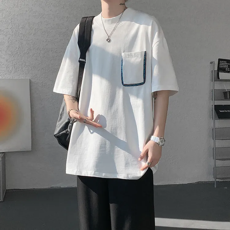  夏季纯棉个性口袋圆领短袖T恤青少年男生酷帅穿搭高级感半袖t恤