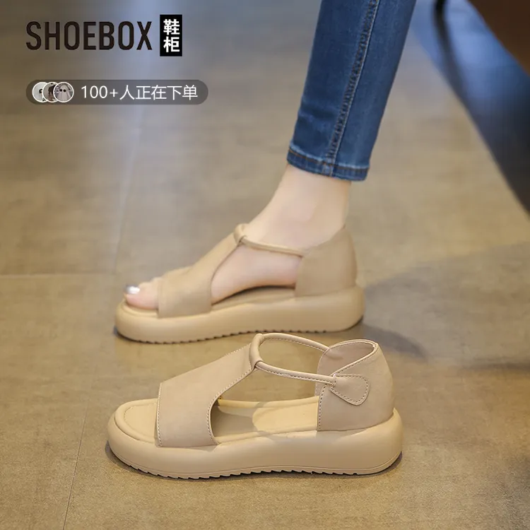 SHOEBOX鞋柜平底凉鞋女2025夏新款百搭复古露趾厚底休闲罗马鞋