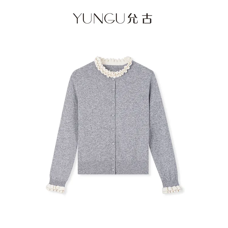 YUNGU允古【玛奇朵】设计感花边领山羊绒●绵羊毛针织开衫秋百搭上衣