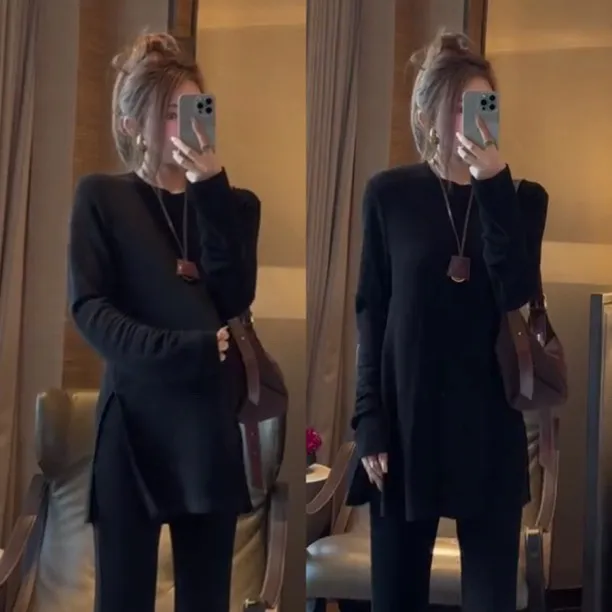 05两侧开衩中长款盖屁股长袖T恤卫衣女垂坠感宽松显瘦慵懒风上衣