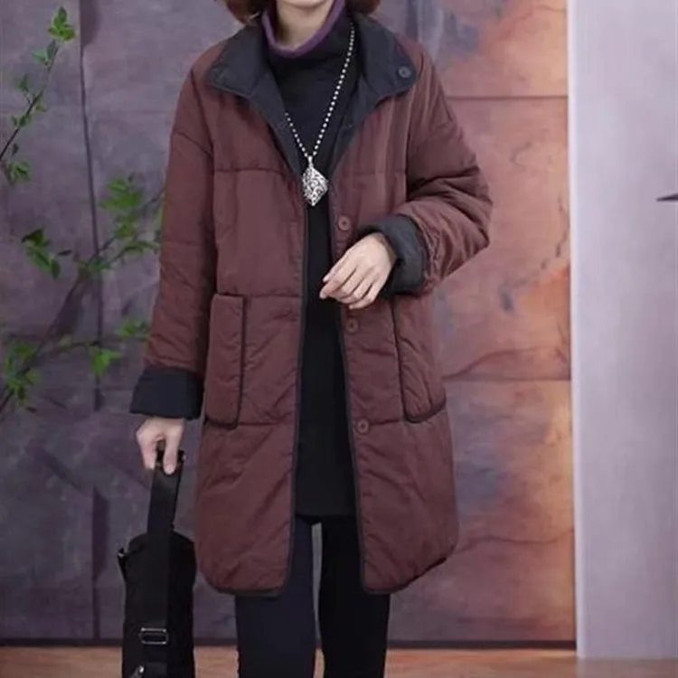 中长款棉服外套冬季两面穿时尚拼色加厚保暖I宽松立领防风女棉衣