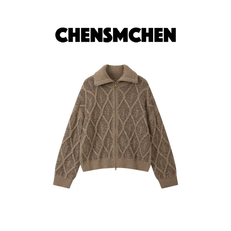 CHENSMCHEN 100绵羊毛珠片绞花拉链开衫女时尚显瘦上衣CSM11488MX