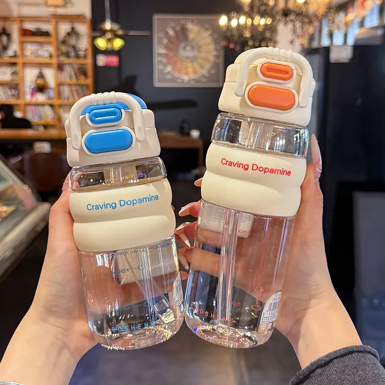 儿童塑料水杯2025新款简约带吸管双饮杯学生上学专用便携运动水壶