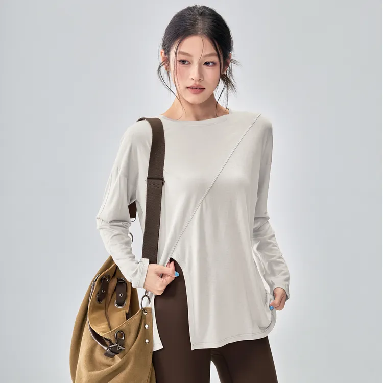 云端贝壳开叉健身衣速干外穿女透气罩衫跑步瑜伽长袖遮臀运动上衣