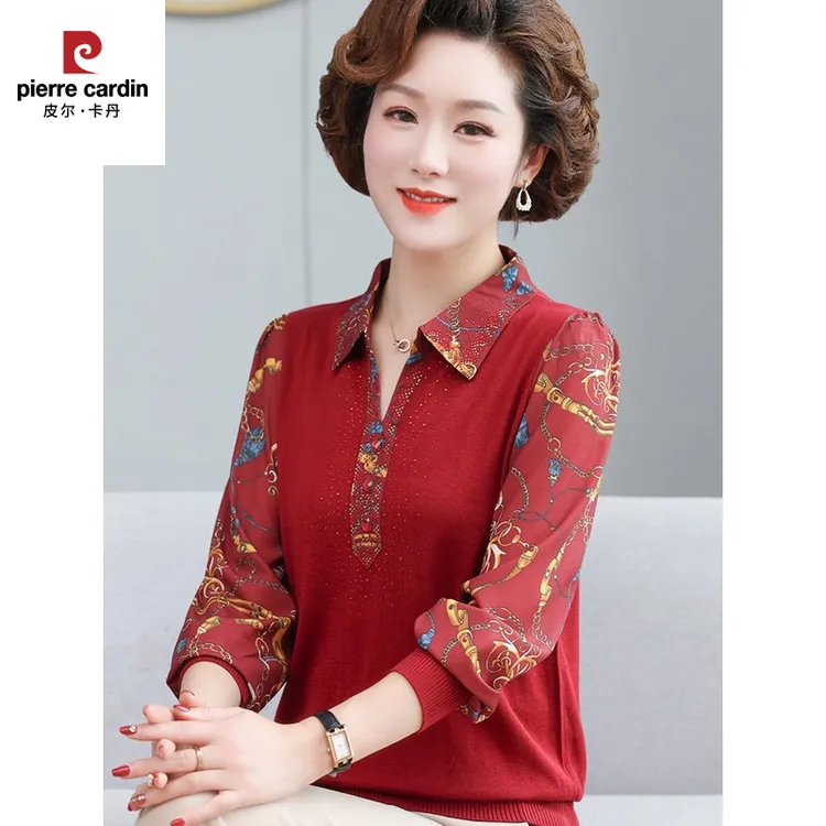 皮尔卡丹妈妈款翻领长袖恤中年妇女夏装衬衣小衫50岁岁60岁中老年