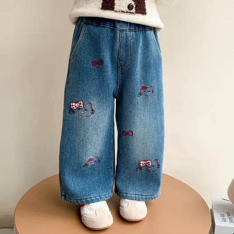 女童加绒牛仔裤冬季2025新款儿童kt猫直筒裤时尚女孩加厚休闲裤子