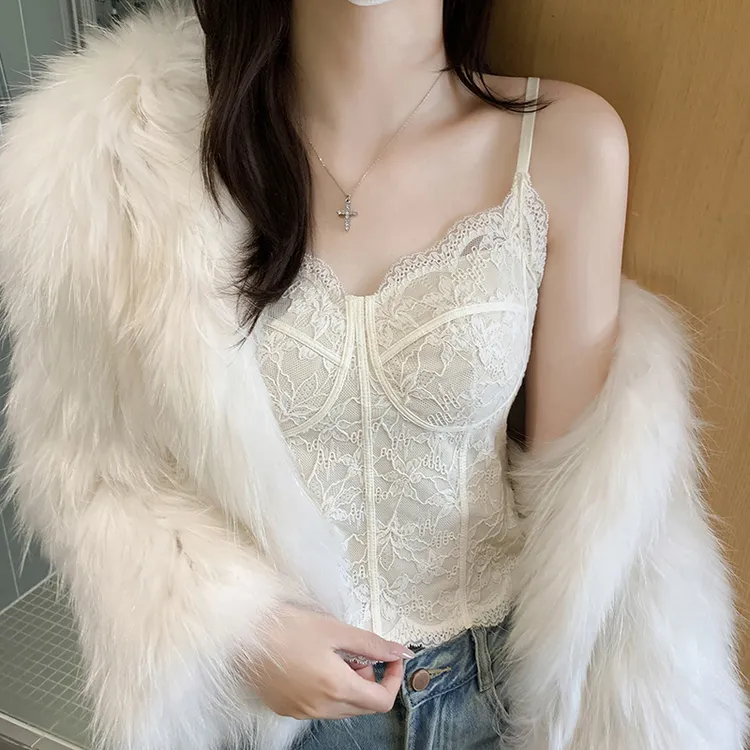 性感纯欲风马甲线蕾丝磨毛保暖美背吊带背心高质感带胸垫内衣显瘦