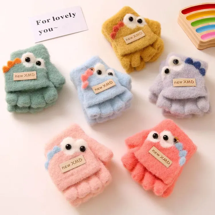 0~3岁宝宝翻盖小手套冬天儿童毛绒保暖半指五指手套男童女童包指