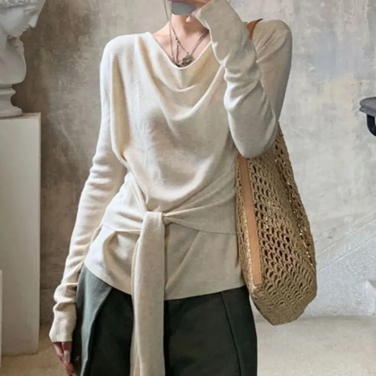 早秋薄款针织衫女士2025新款慵懒风洋气减龄修身显瘦系带打底上衣