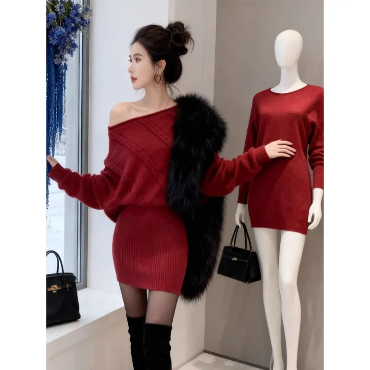 法式复古红色斜肩针织连衣裙女秋冬新款修身显瘦气质包臀毛衣短裙