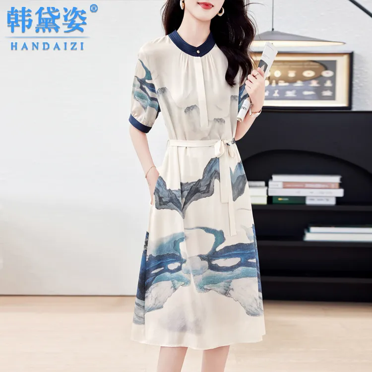 杭州时尚斜纹绸重磅真丝连衣裙女中长款2025夏气质短袖桑蚕丝裙子