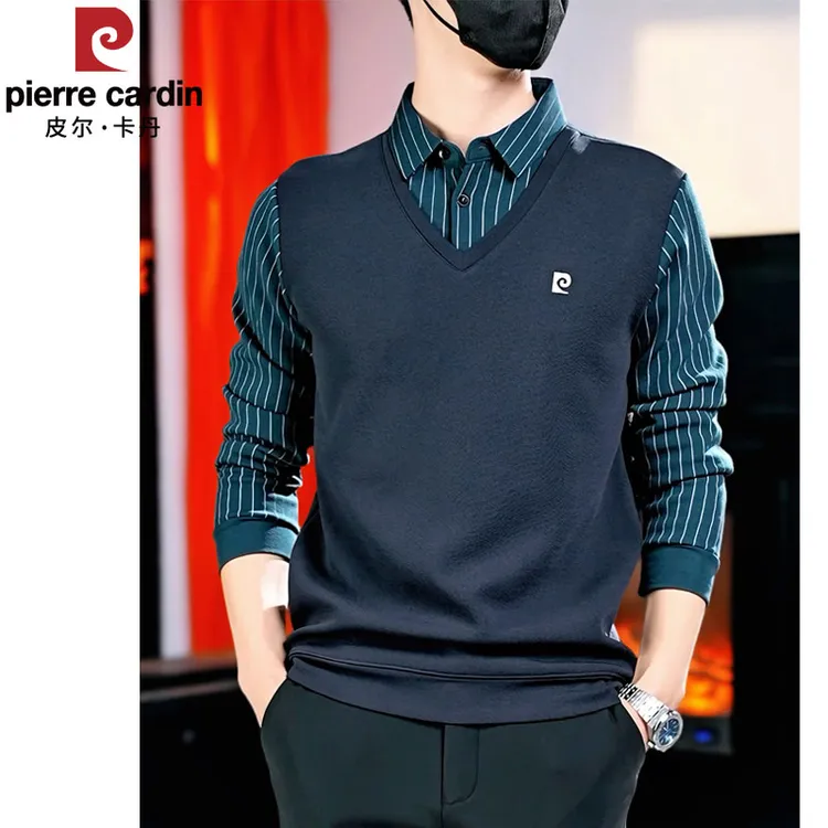 皮尔卡丹男士衬衫领假两件毛衣加绒加厚修身型上衣长袖秋冬季时尚