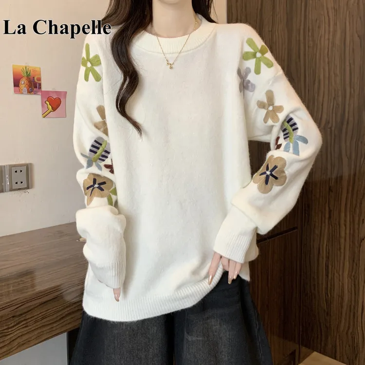 拉夏贝尔法式重工花朵刺绣毛衣女秋季新大码胖妹妹洋气显瘦针织衫