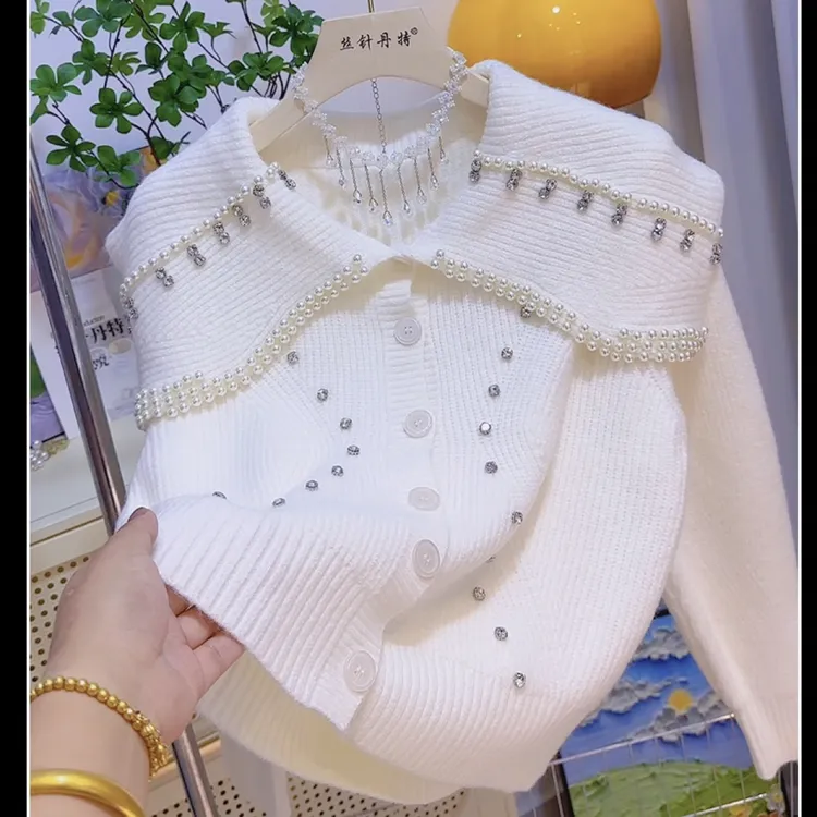 小香风法式重工钉珠娃娃领毛衣外套女秋冬别致针织开衫上衣优雅