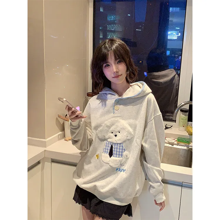 可爱毛绒小狗纽扣连帽卫衣女2025新款韩系慵懒风chic情侣外套上衣