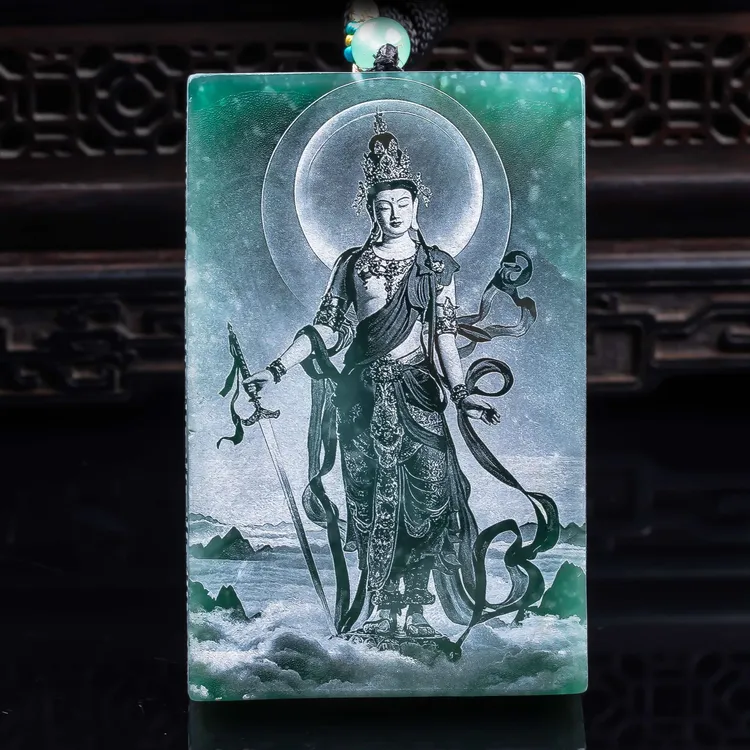 天然A货翡翠文殊菩萨蓝水双面精工影雕高冰玉石吊坠挂件玉佩玉美