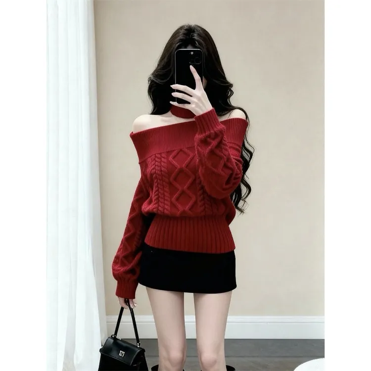 圣诞新年红色一字肩套头毛衣女秋冬新款修身显瘦辣妹针织衫短上衣