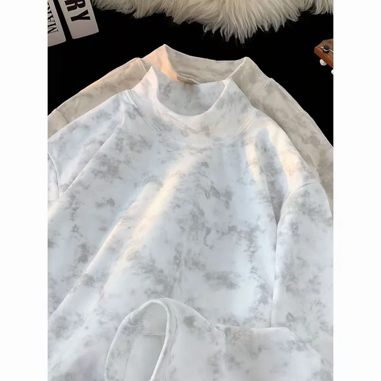 男半高领扎染秋冬落肩袖日常T恤上衣圆领复古宽松百搭立领长袖