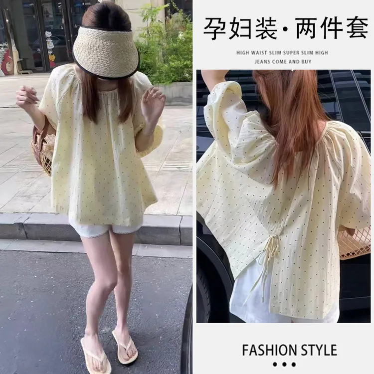 孕妇流行穿搭一整套2025新款泡泡袖波点衬衫加托腹蕾丝短裤两件套