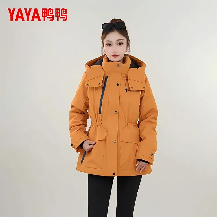 鸭鸭中长款派克羽绒服女2025冬季新款户外工装风连帽收腰显瘦外套