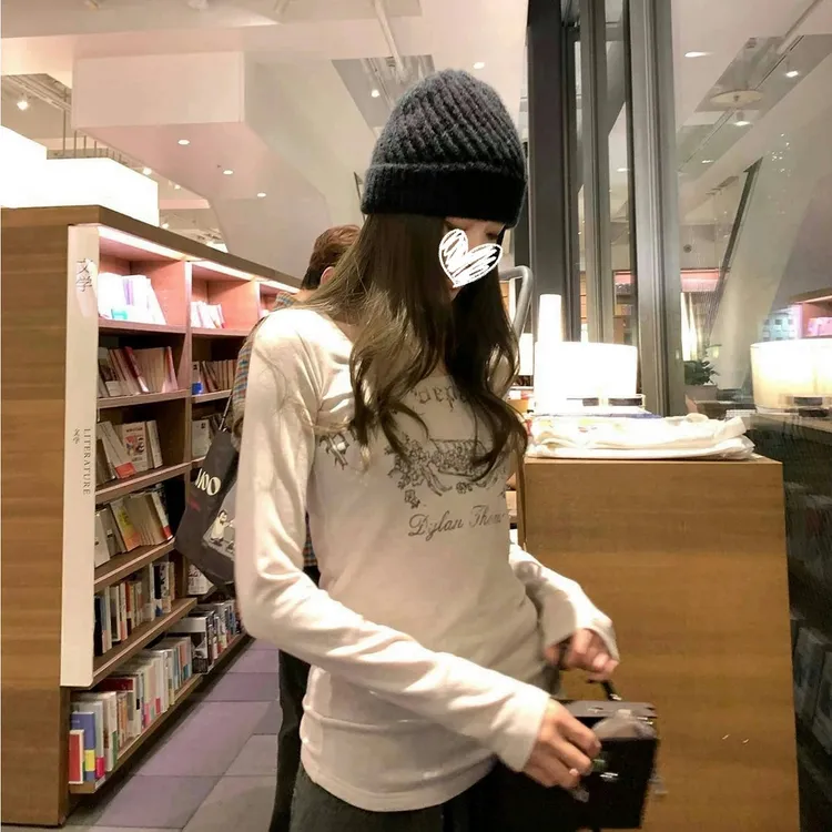 复古Rose时髦天菜 印花长袖上衣T恤女秋冬内搭