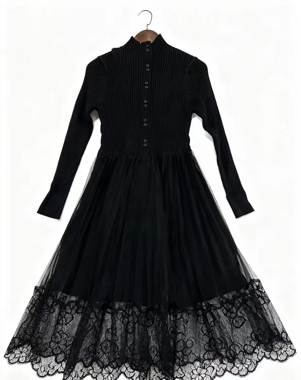 法式拼接中长裙针织网纱连衣裙气质女士秋冬裙子打底