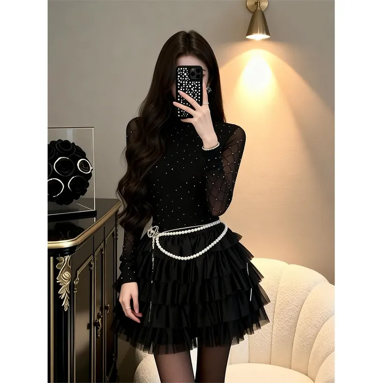 【芭莎舞会】圣诞氛围感长袖露背波点连衣裙女秋冬生日裙蛋糕裙套装