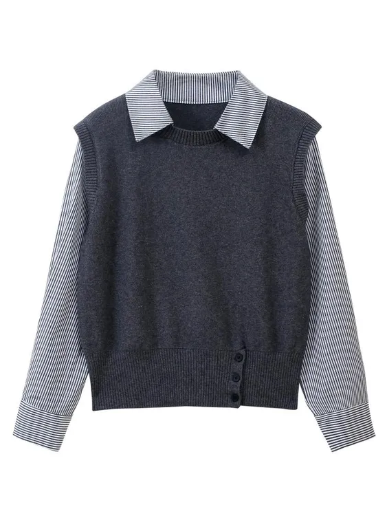 【现货】高级假两件设计感条纹法式条纹针织衬衫秋季女装长袖打底衫