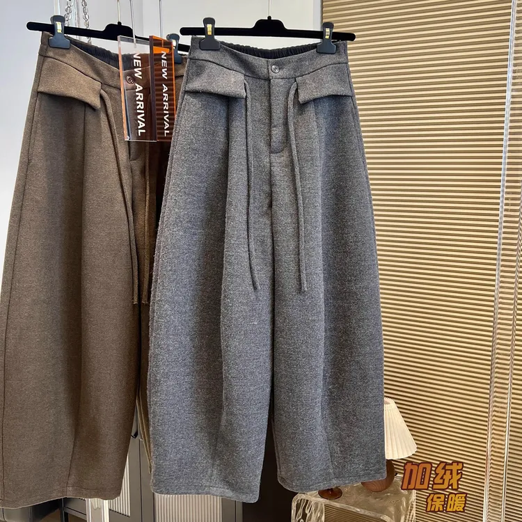 纯色高腰系带拼接加绒休闲裤女2025年秋冬新款宽松遮肉显瘦哈伦裤