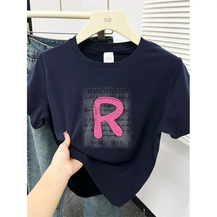 藏蓝色正肩短袖T恤女夏季2025今年流行时尚大码胖mm穿搭半袖上衣