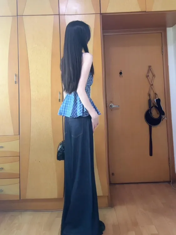 夏装搭配一整套高级感韩系挂脖V领格子无袖上衣阔腿牛仔裤套装女