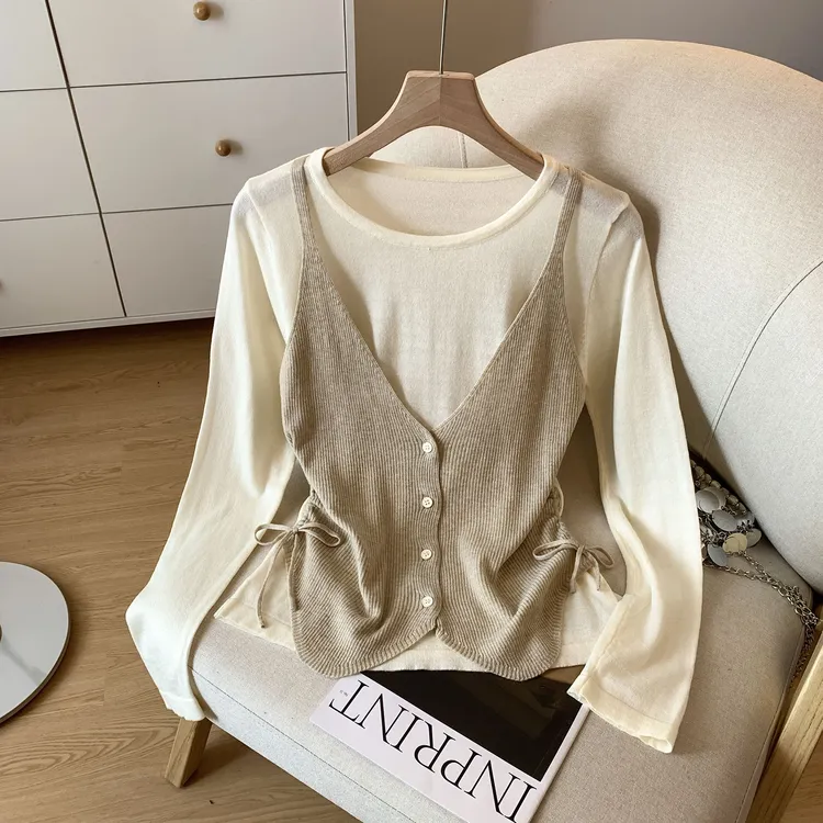 时髦复古洋气假两件圆领针织打底衫秋冬季抽绳褶皱收腰显瘦上衣女