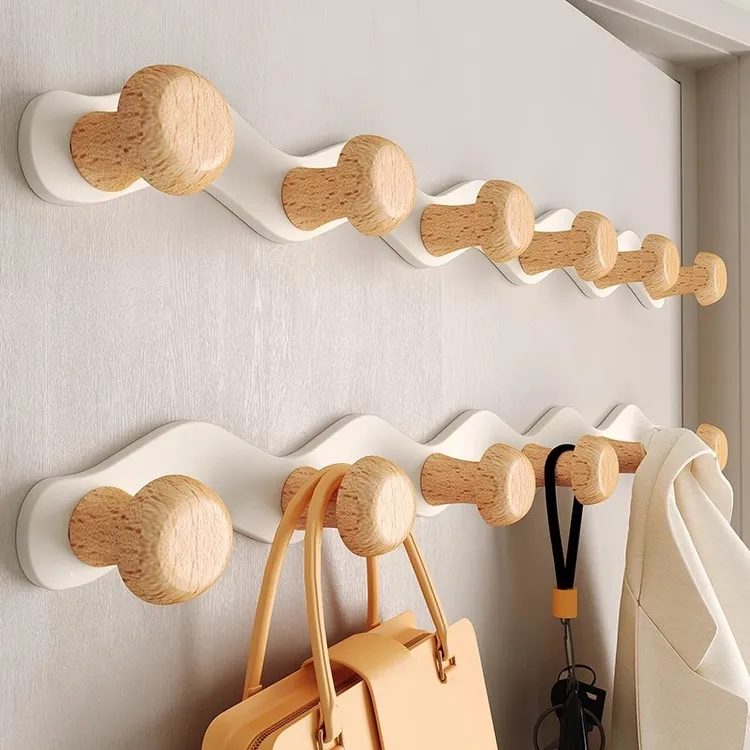 卧室门后实木挂钩免打孔奶油风墙上强力粘胶卫生间挂架衣服挂钩