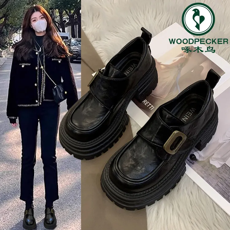 啄木鸟厚底粗跟英伦风小皮鞋女2025年春季新款百搭增高单鞋乐福鞋