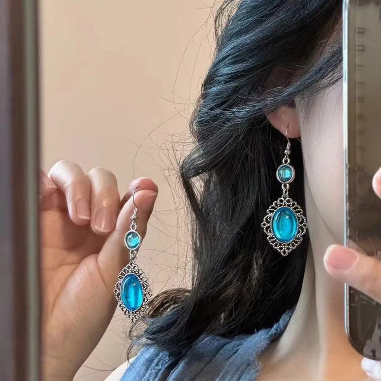 合金耳饰 耳饰族风花边椭圆形树脂吊坠耳钩时尚[BY]