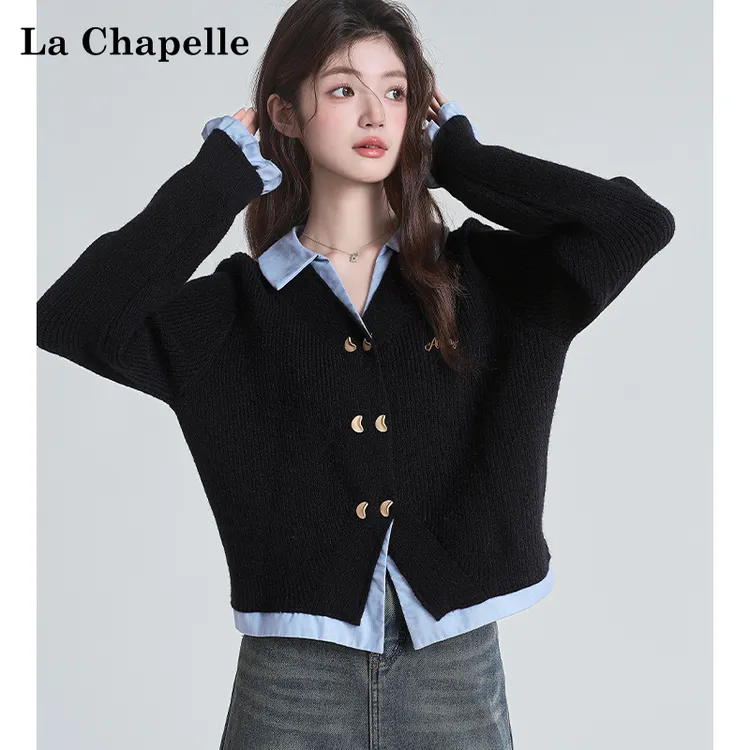 拉夏贝尔假两件针织衫毛衣女2025新款百搭气质上衣秋冬厚外套