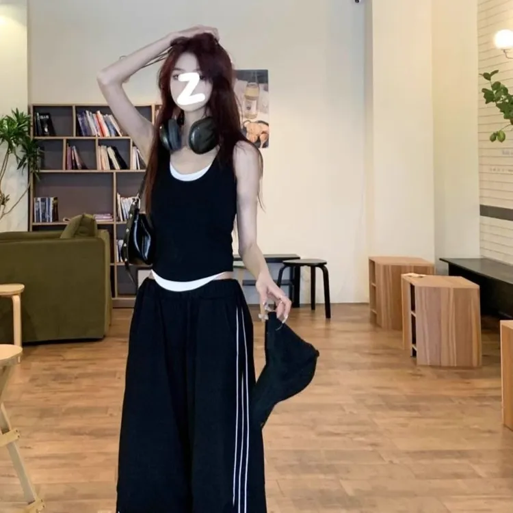 美式甜辣上衣女棉质bm假两件拼色无袖背心夏季外穿小吊带显瘦 V12