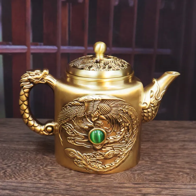 黄铜龙凤茶壶茶具收藏做旧复古铜壶家居客厅办公室铜浮雕茶壶酒壶