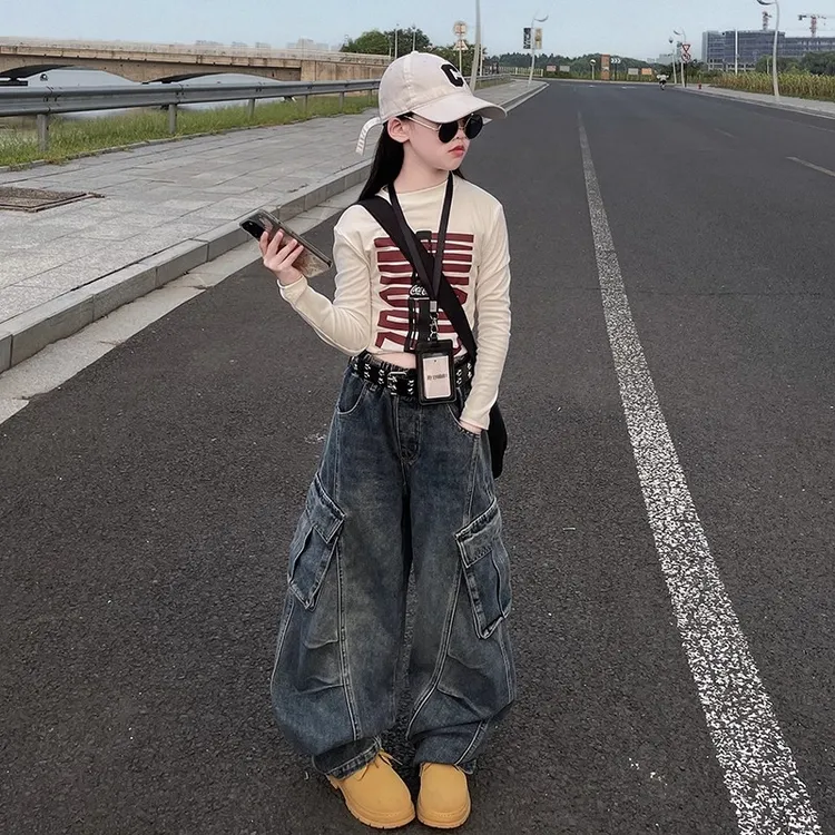 女童2025秋季新款美式复古水洗大口袋设计感弯刀牛仔裤宽松长裤潮